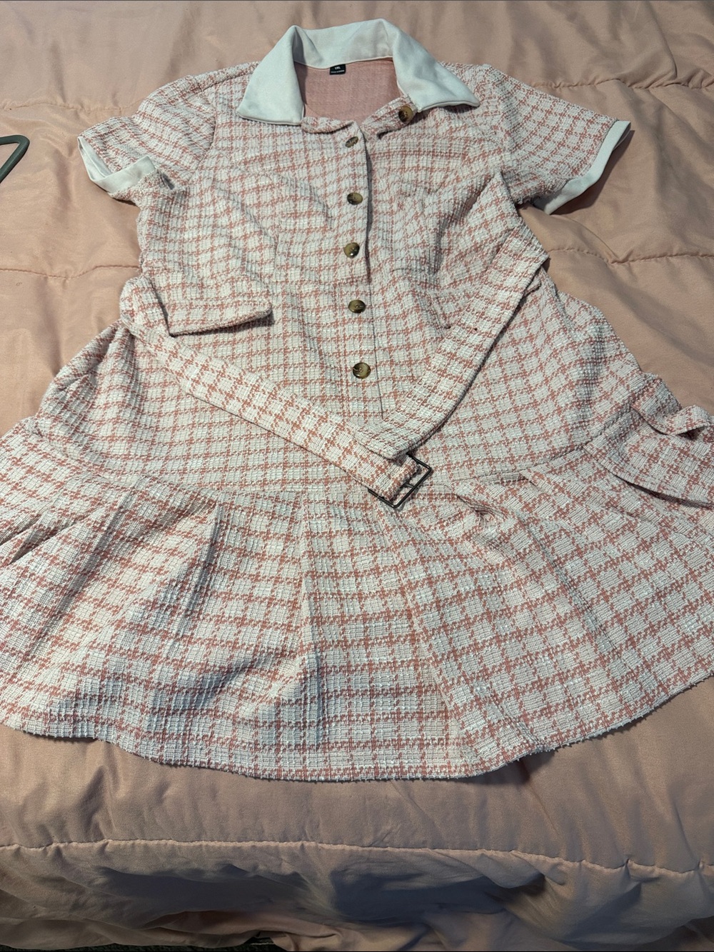 SHEIN Pink Plaid Short Sleeve Tweed Dress